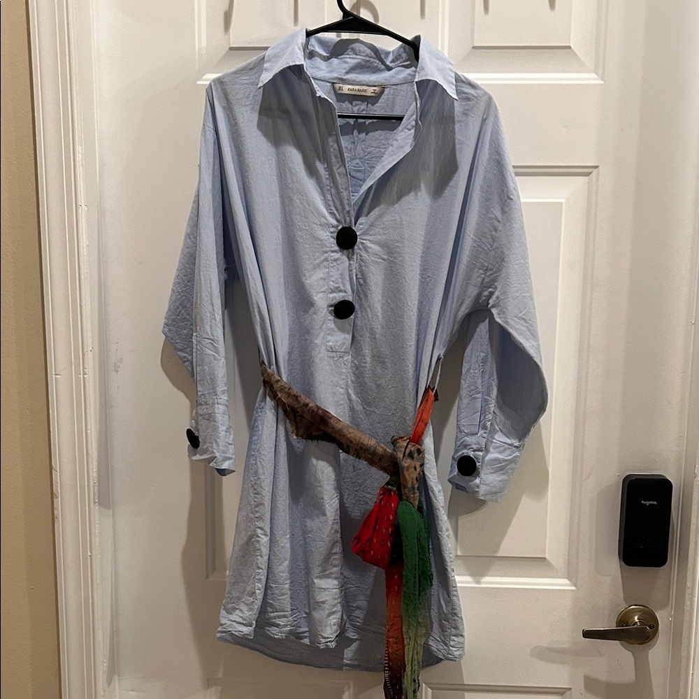 Zara Basics Light Blue Casual Button Down Dress with Colorful Belt